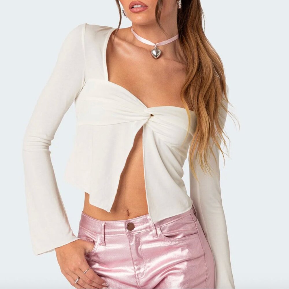 edikted maxine white front twist long sleeve top